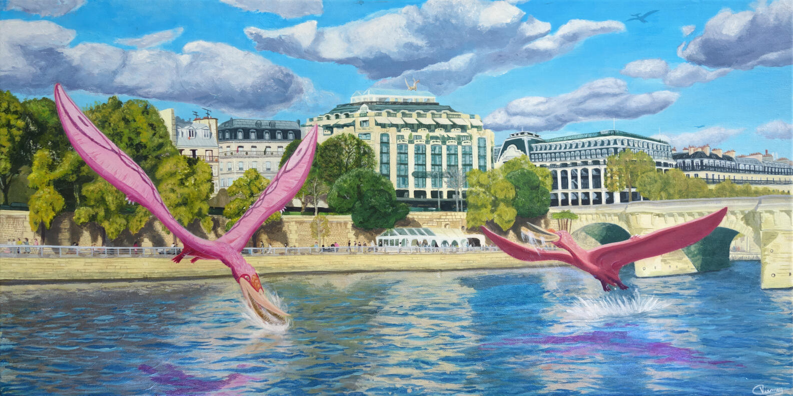 Deux Pterodaustro de couleur rose sont en train de pécher dans la Seine. Derrière eux des bâtiments parisiens dont la Samaritaine.