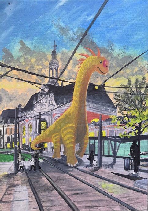 Girafatitan valentinensis Peinture d'un sauropode au long cou devant la gare de valencienne sur fond de couché de soleil