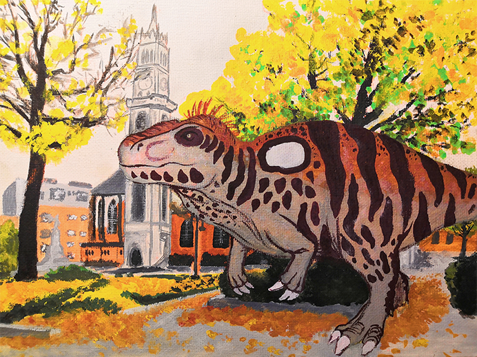 Carcharodontosaurus mirabilis Peinture d'un grand théropode carnivore sur fond automnale devant une église