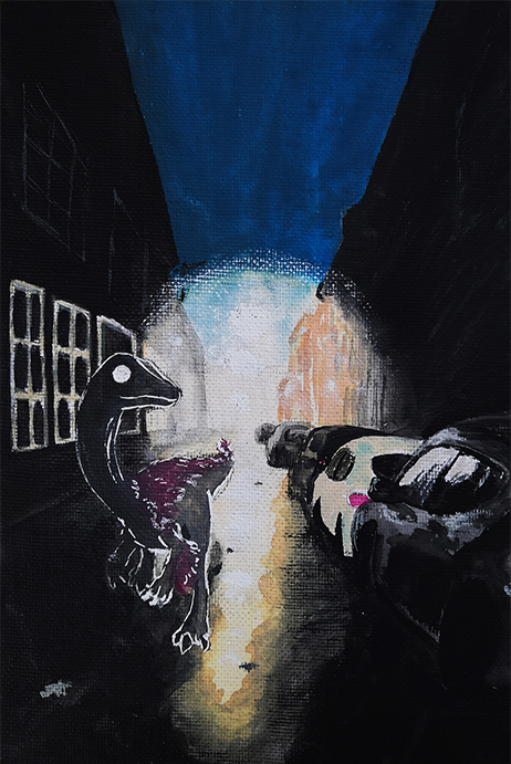 Ornitomimus tenebris Peinture d'un Ornithomimosaure dans une ruelle sombre de nuit